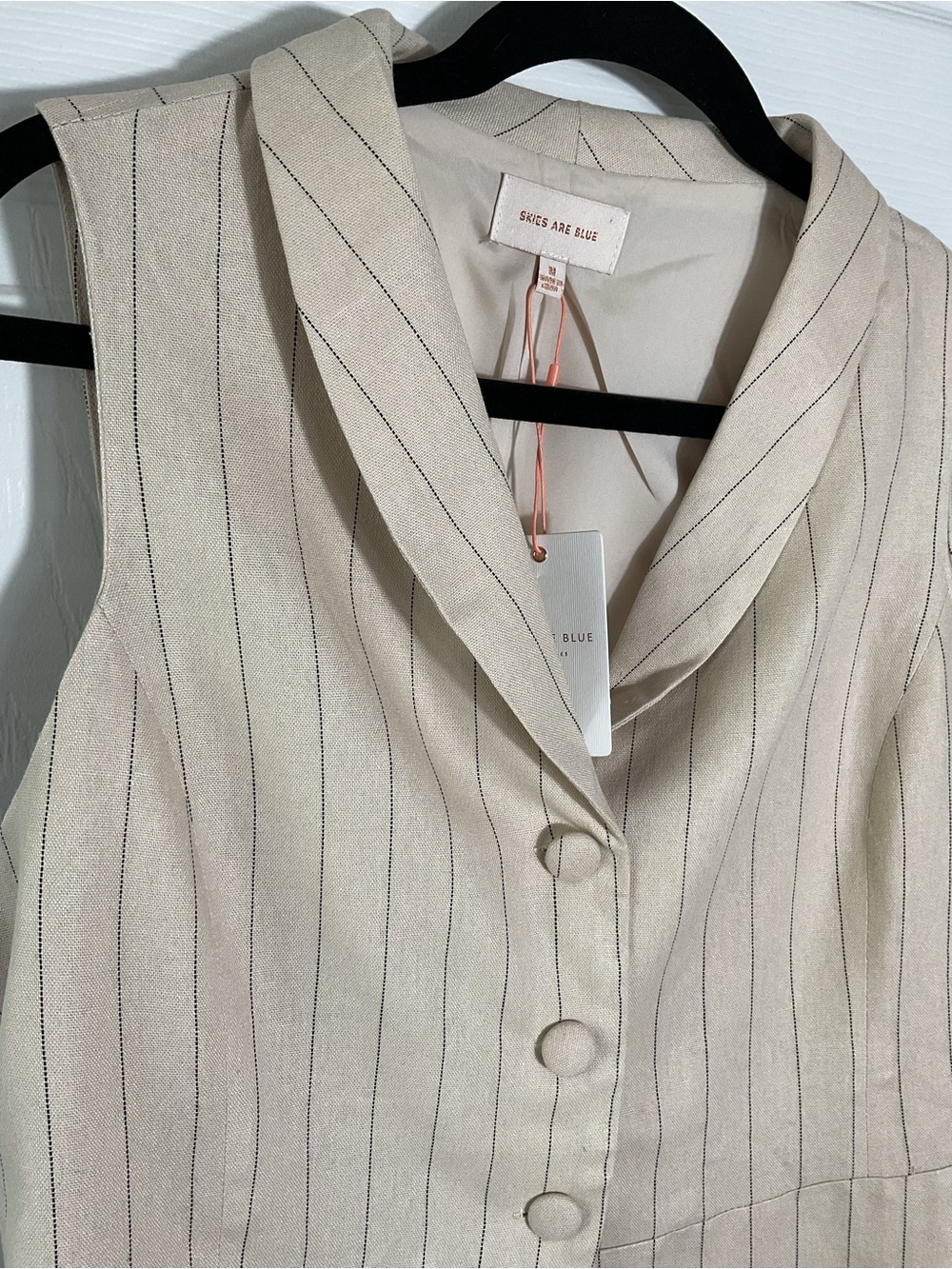 Skies Are Blue Linen Blend Vest Women M Beige Pinstripe Button Top Chic - Picture 2 of 8